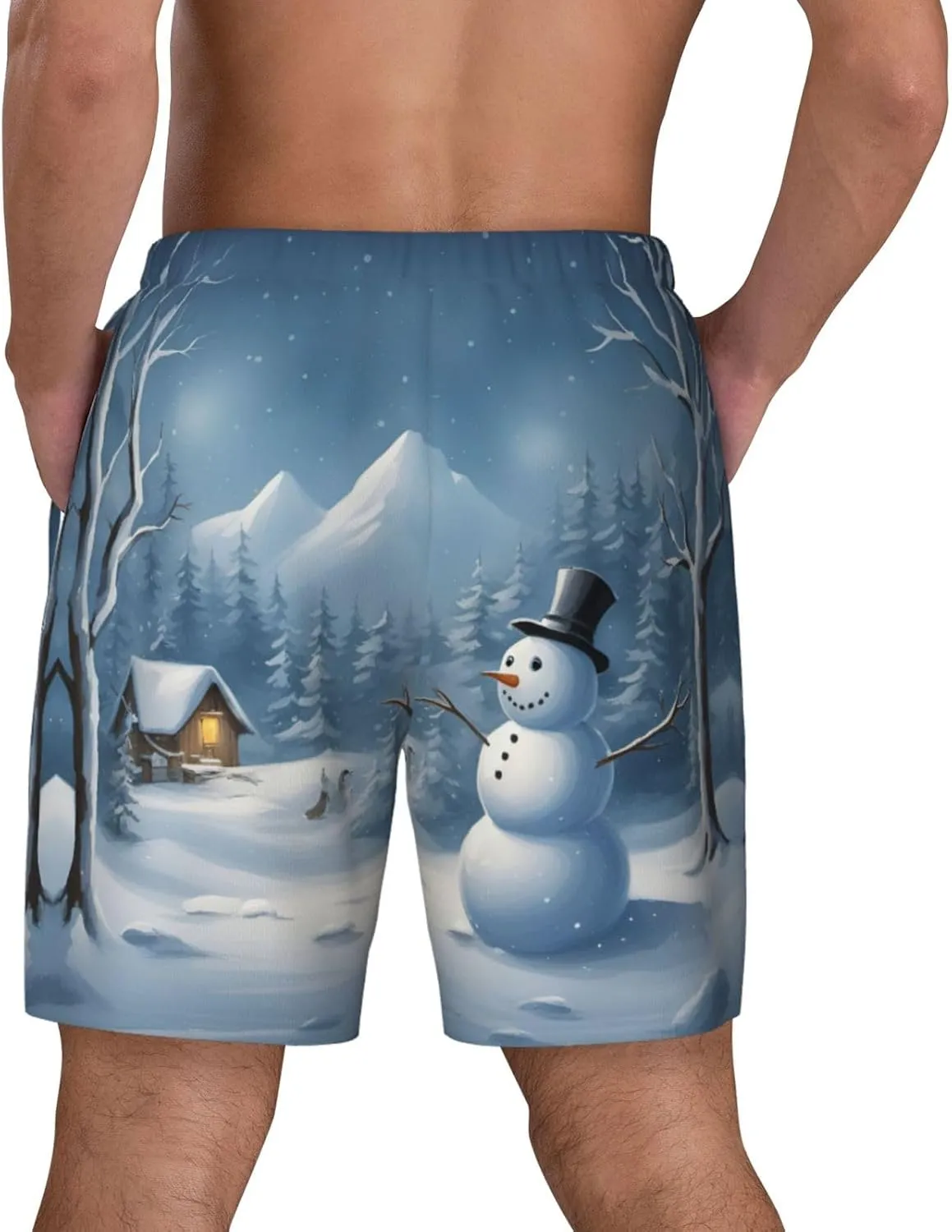 Winter Snowman Print Men's Double Layer Swim Shorts, Gym Workout Shorts with Pocket