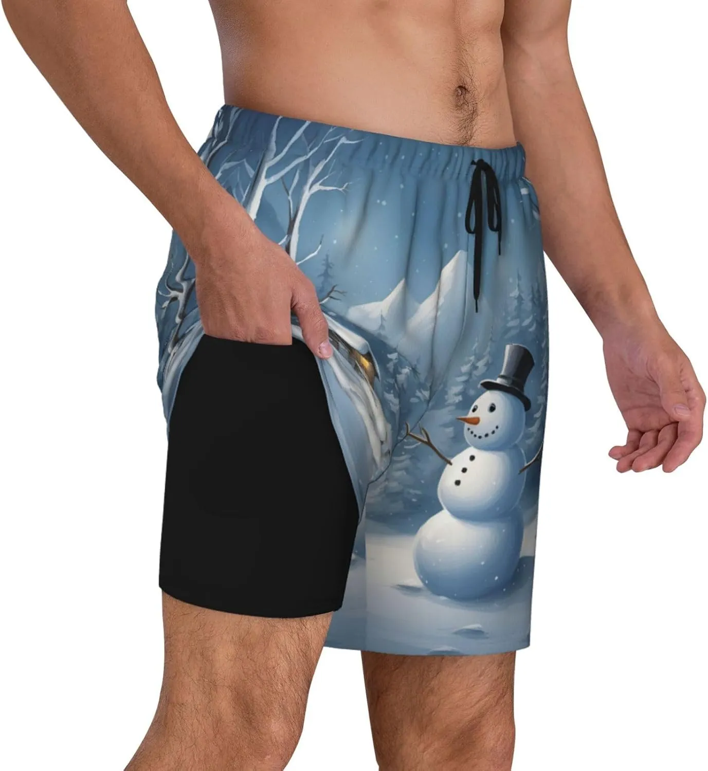 Winter Snowman Print Men's Double Layer Swim Shorts, Gym Workout Shorts with Pocket