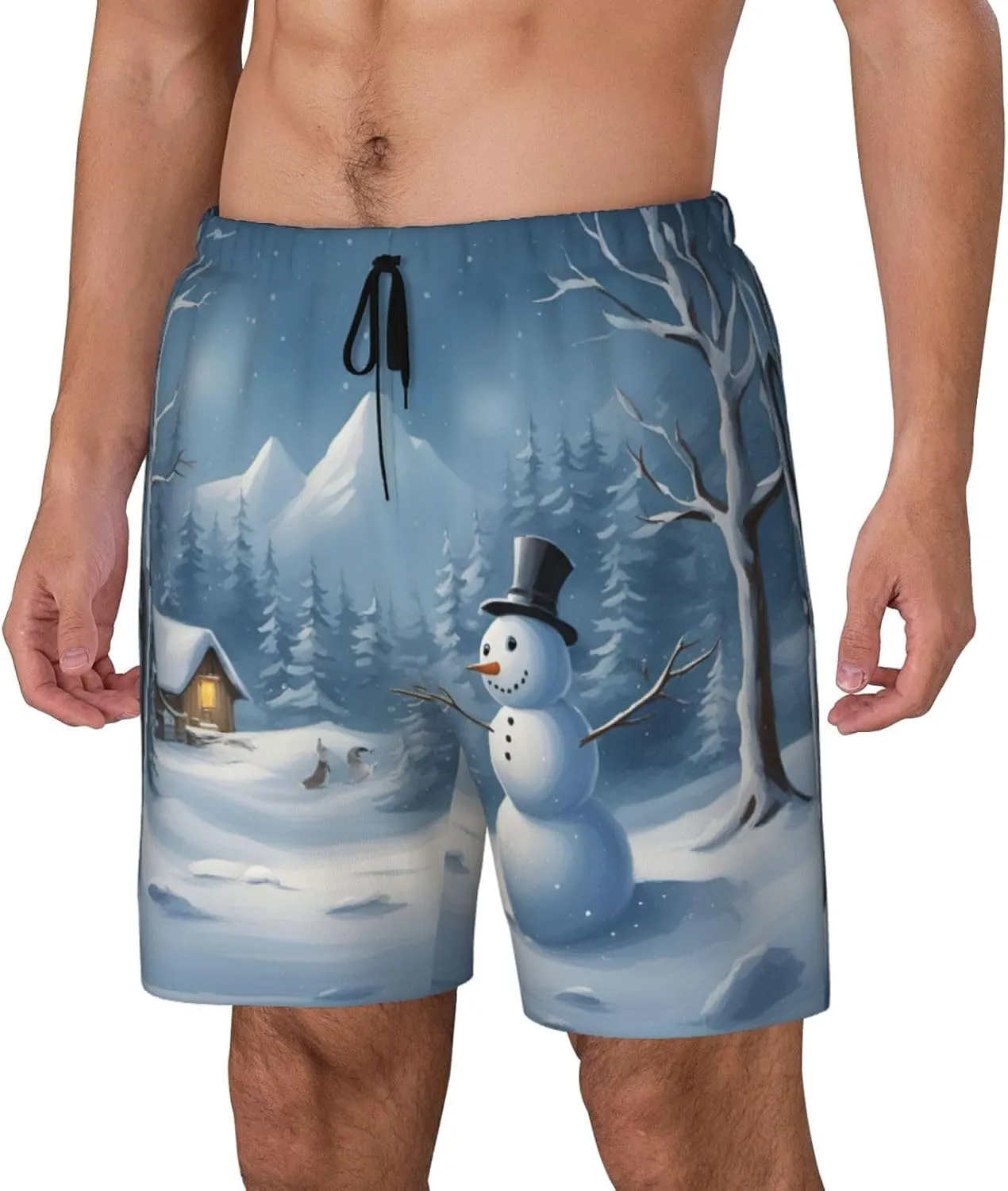 Winter Snowman Print Men's Double Layer Swim Shorts, Gym Workout Shorts with Pocket