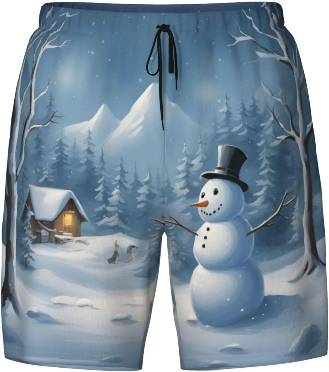 Winter Snowman Print Men's Double Layer Swim Shorts, Gym Workout Shorts with Pocket