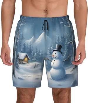 Winter Snowman Print Men's Double Layer Swim Shorts, Gym Workout Shorts with Pocket