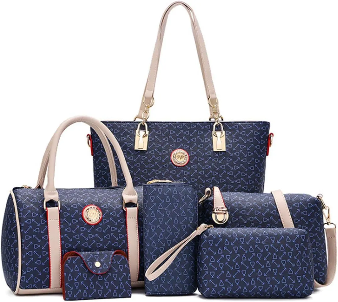 Women 6 Pcs Handbag Tote Stitching Shoulder Bag PU Top Handle Hobo Satchel Purse Clutch Wallet Key Holder
