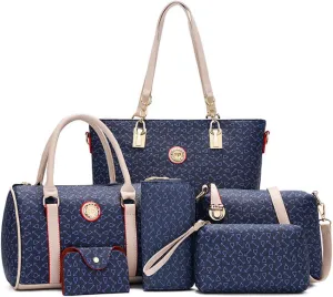 Women 6 Pcs Handbag Tote Stitching Shoulder Bag PU Top Handle Hobo Satchel Purse Clutch Wallet Key Holder