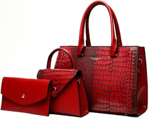 Women Crocodile Pattern Handbag Satchel Purse 3pcs PU Tote Crossbody Bag Clutch Wallet