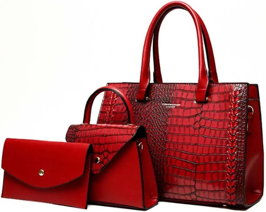 Women Crocodile Pattern Handbag Satchel Purse 3pcs PU Tote Crossbody Bag Clutch Wallet