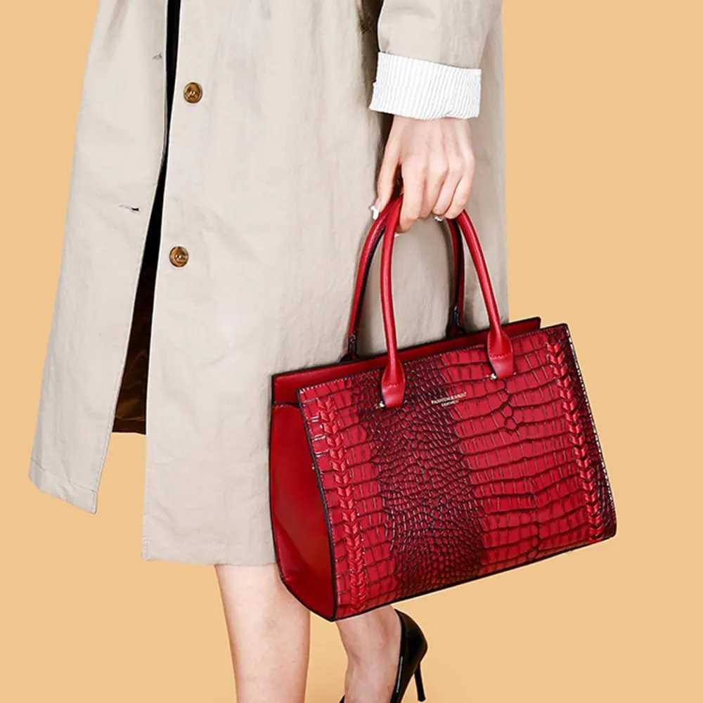 Women Crocodile Pattern Handbag Satchel Purse 3pcs PU Tote Crossbody Bag Clutch Wallet