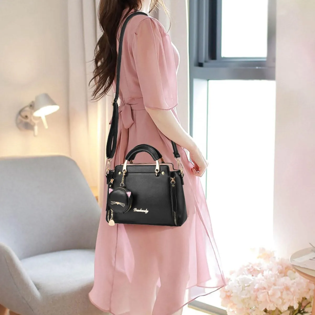 Women Fashion Handbag Luxury Designer Crossbody Purse Leather Satchel Shoulder Messenger Bag Tote with Cat Wallet