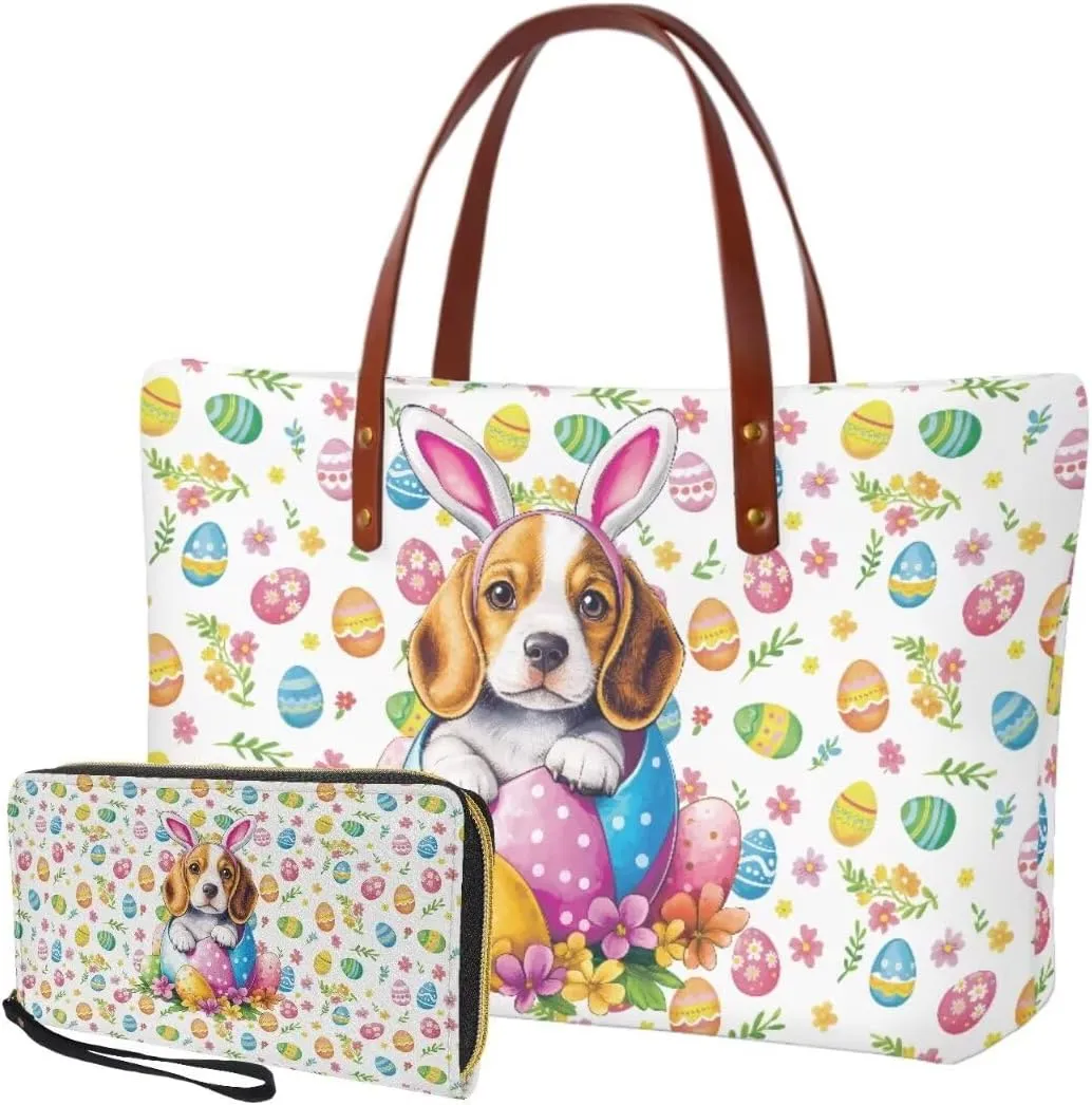 Women Ladies Handbags Wallet,Casual Top Handle Tote Bag with Wristlet Wallet,Easter Satchel Purse with Zipper