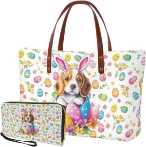 Women Ladies Handbags Wallet,Casual Top Handle Tote Bag with Wristlet Wallet,Easter Satchel Purse with Zipper