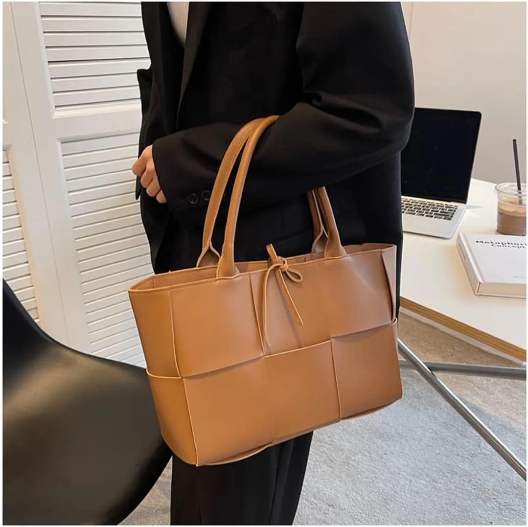Women Leather Woven Shoulder Bag,Ladies Top Handle Satchel Tote Work Bag with Matching Clutch…