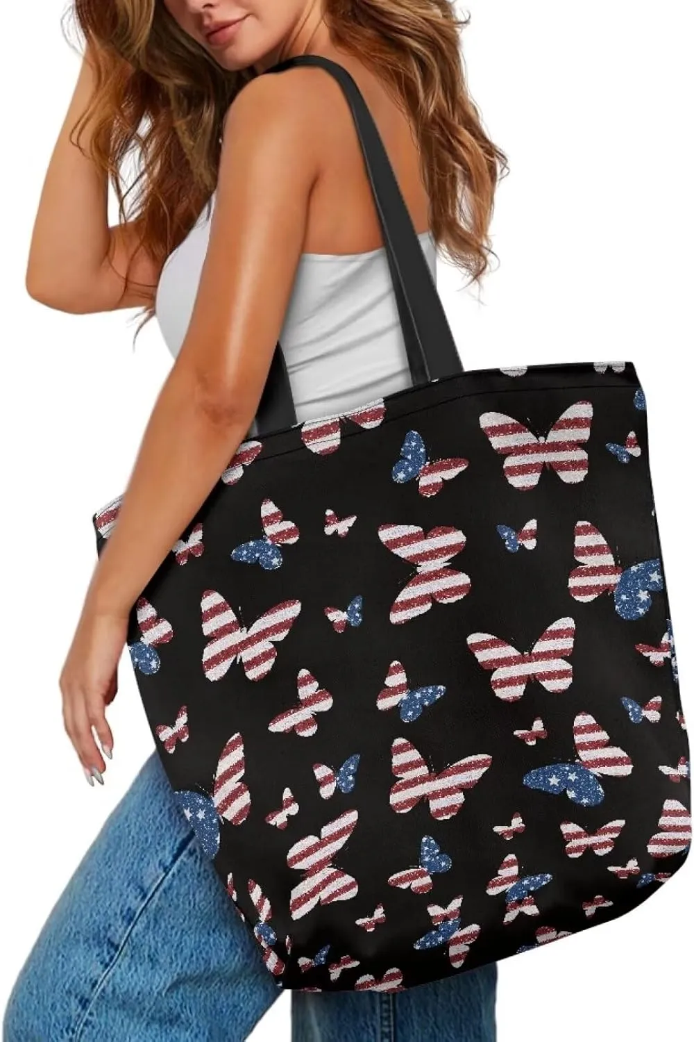 Women Men Canvas Bag with Inner Zipper Pocket Large Reusable Grocery Tote Handbag