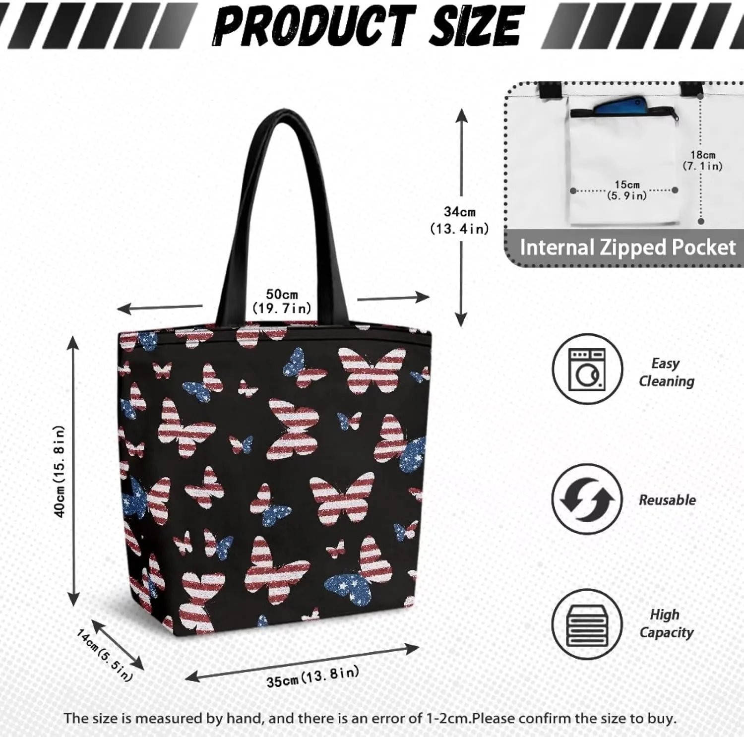 Women Men Canvas Bag with Inner Zipper Pocket Large Reusable Grocery Tote Handbag
