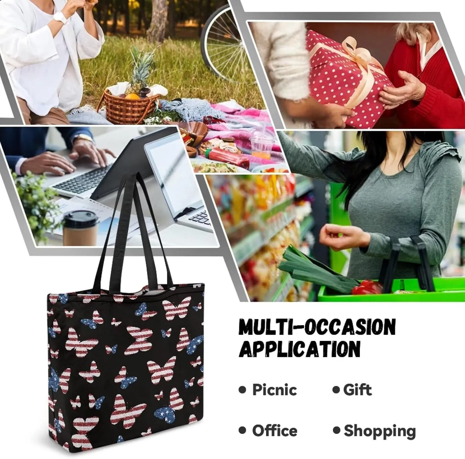 Women Men Canvas Bag with Inner Zipper Pocket Large Reusable Grocery Tote Handbag