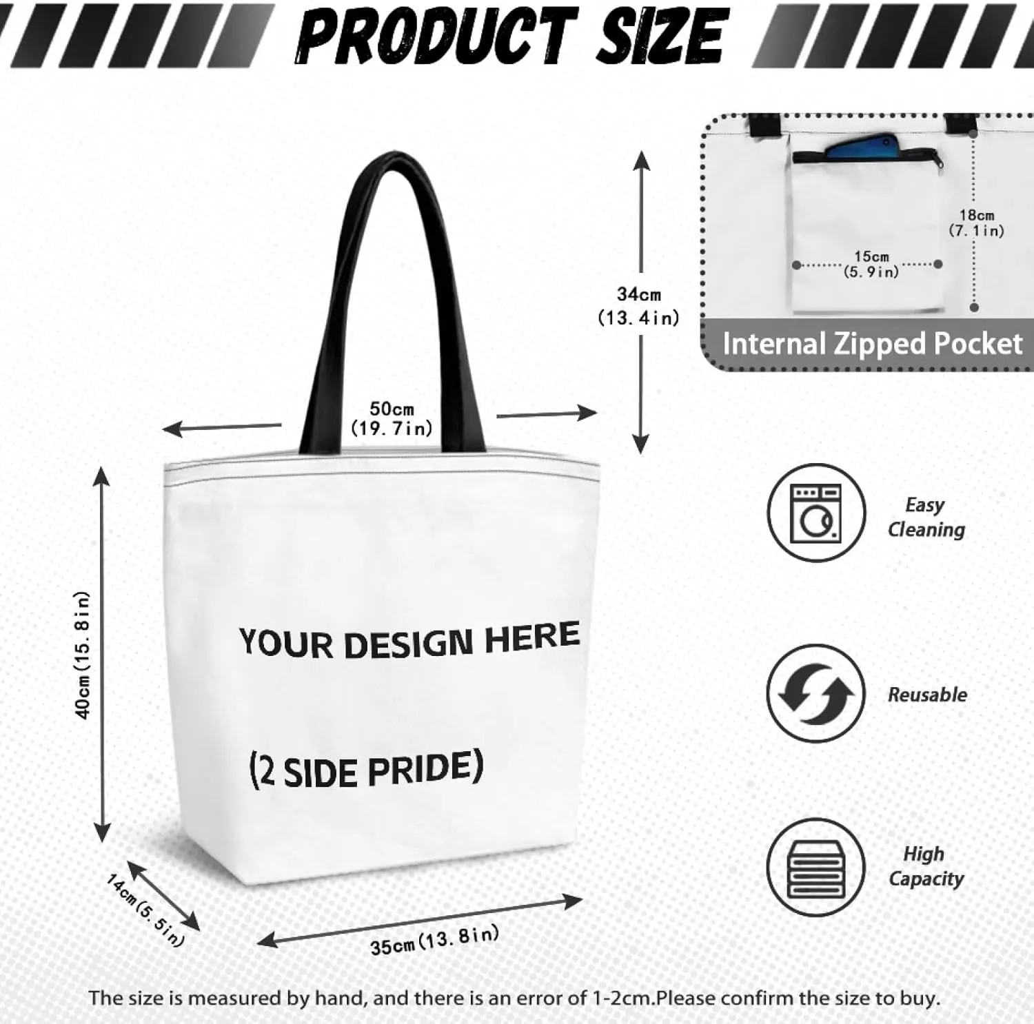 Women Men Canvas Bag with Inner Zipper Pocket Large Reusable Grocery Tote Handbag