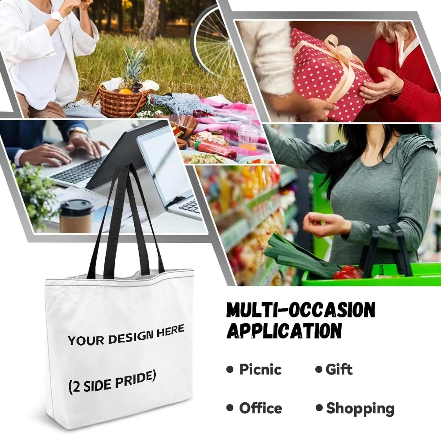 Women Men Canvas Bag with Inner Zipper Pocket Large Reusable Grocery Tote Handbag