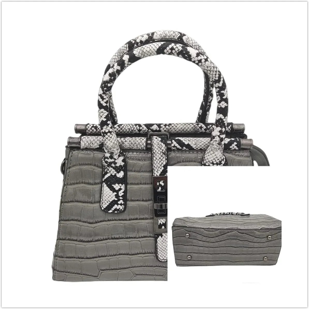 Women Patent Faux Leather Satchel Handbag Crocodile Tote Purse Snakeskin Handle Shoulder Bag,Gift for Wife/Mom,Black