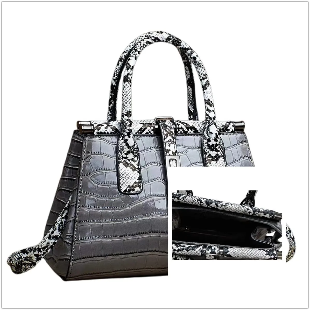 Women Patent Faux Leather Satchel Handbag Crocodile Tote Purse Snakeskin Handle Shoulder Bag,Gift for Wife/Mom,Black