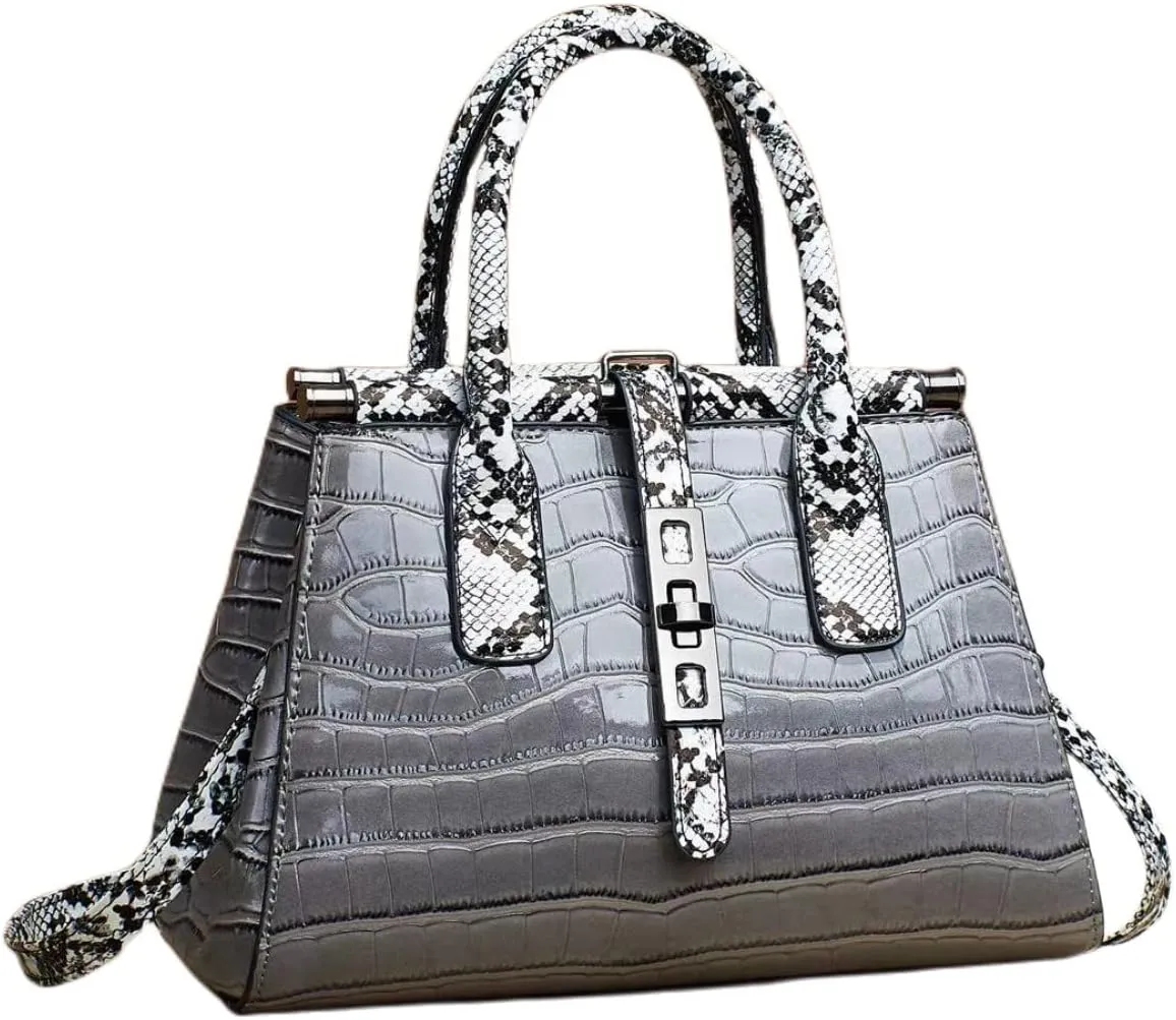 Women Patent Faux Leather Satchel Handbag Crocodile Tote Purse Snakeskin Handle Shoulder Bag,Gift for Wife/Mom,Black