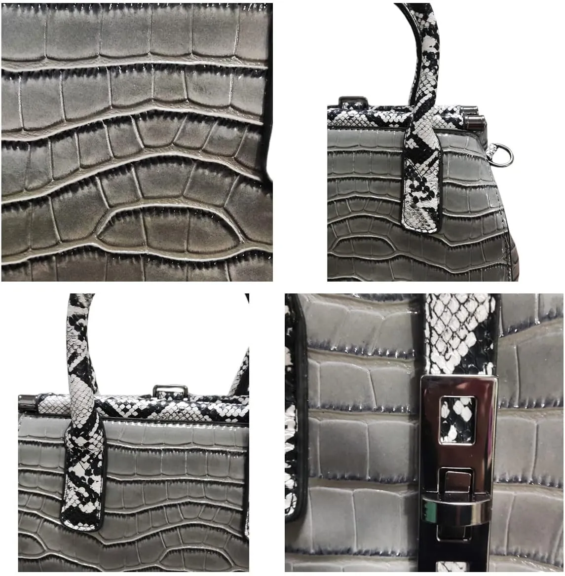 Women Patent Faux Leather Satchel Handbag Crocodile Tote Purse Snakeskin Handle Shoulder Bag,Gift for Wife/Mom,Black