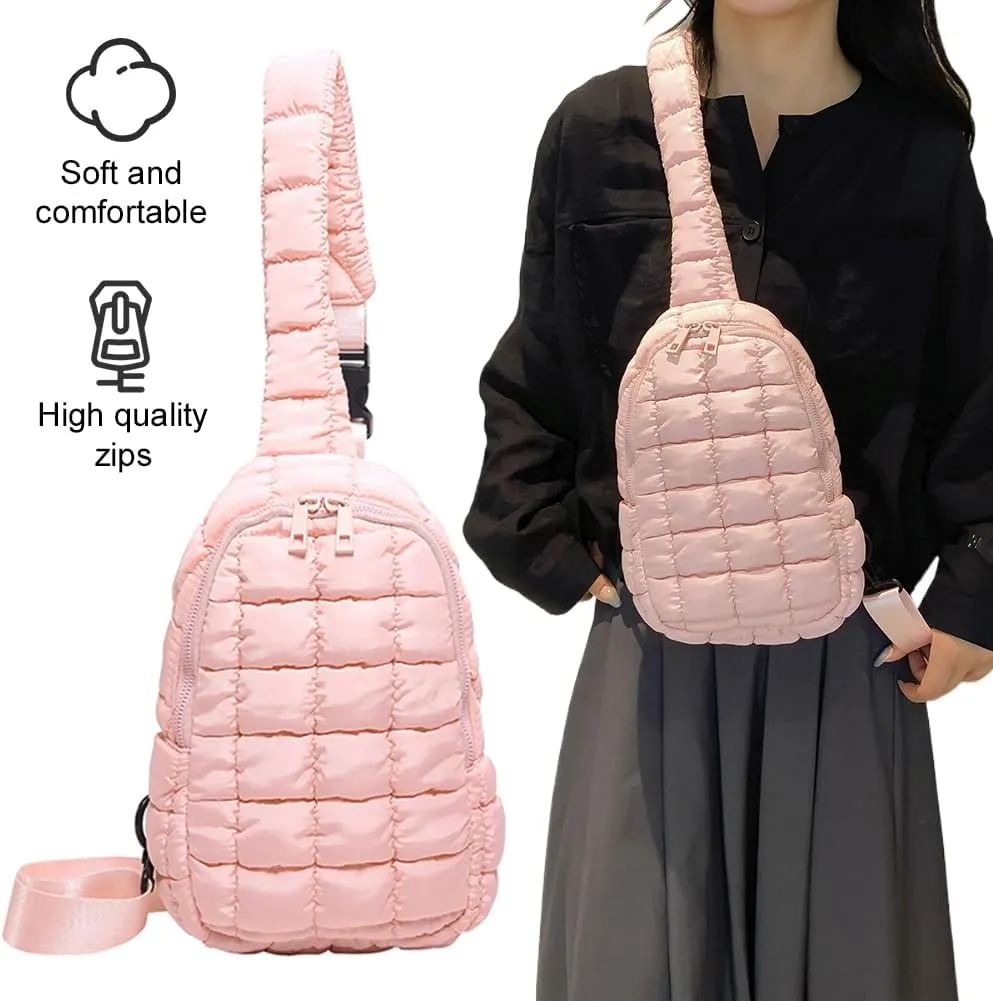 Women Quilted Chest Bag Cloud Waist Bag Zip Closure Puffer Crossbody Sling Bag Adjustable Strap Simple Shoulder Ba