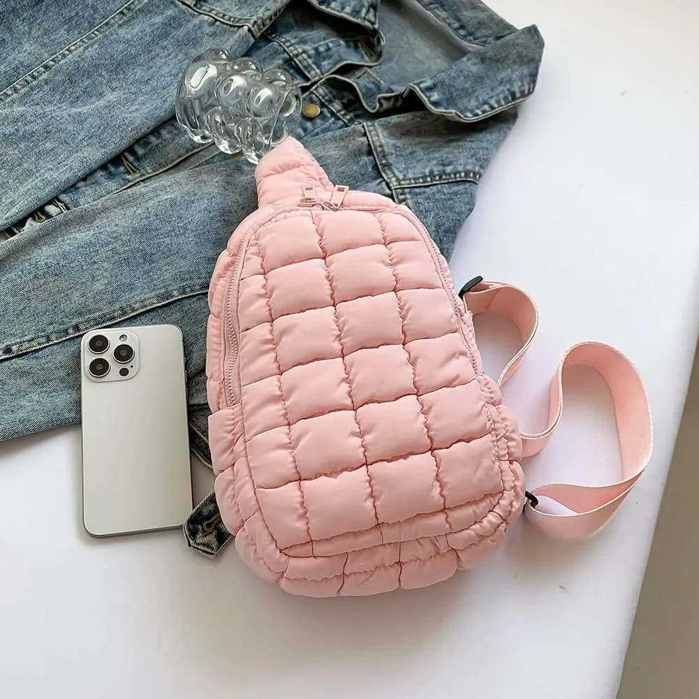Women Quilted Chest Bag Cloud Waist Bag Zip Closure Puffer Crossbody Sling Bag Adjustable Strap Simple Shoulder Ba