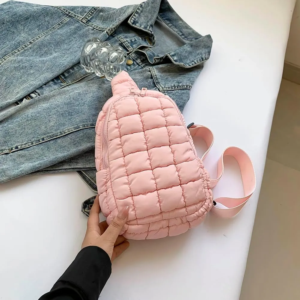 Women Quilted Chest Bag Cloud Waist Bag Zip Closure Puffer Crossbody Sling Bag Adjustable Strap Simple Shoulder Ba