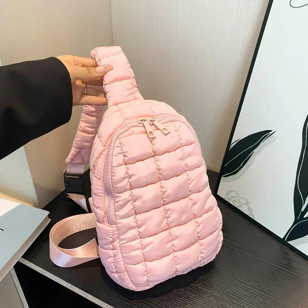 Women Quilted Chest Bag Cloud Waist Bag Zip Closure Puffer Crossbody Sling Bag Adjustable Strap Simple Shoulder Ba