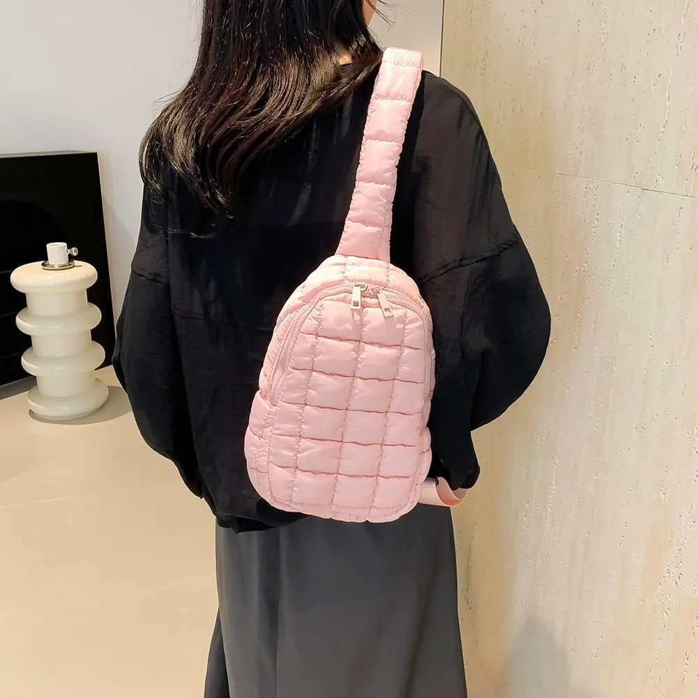Women Quilted Chest Bag Cloud Waist Bag Zip Closure Puffer Crossbody Sling Bag Adjustable Strap Simple Shoulder Ba