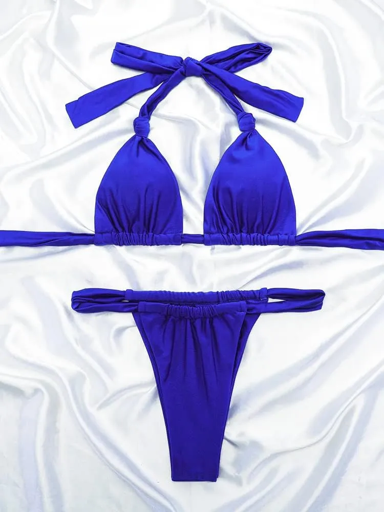 Women Thong Bikini Set Cheeky Halter Triangle String Two Piece Swimsuits Sexy Ruched Brazilian Bathing Suit
