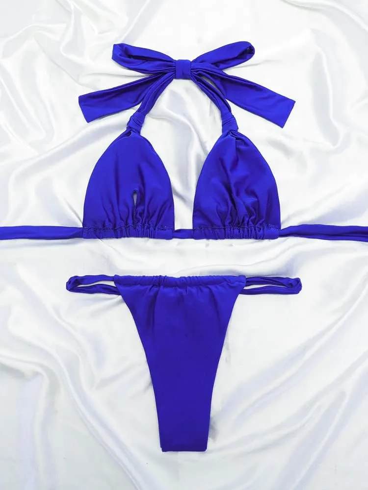Women Thong Bikini Set Cheeky Halter Triangle String Two Piece Swimsuits Sexy Ruched Brazilian Bathing Suit