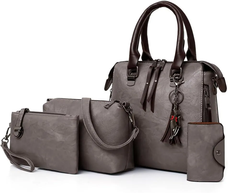 Women Vintage Handbags Large Capacity Leather Wallet Tote Bag Shoulder Bag Top Handle Satchel Purse Set 4pcs, Light Grey