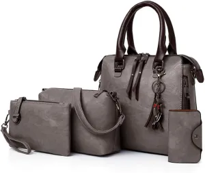 Women Vintage Handbags Large Capacity Leather Wallet Tote Bag Shoulder Bag Top Handle Satchel Purse Set 4pcs, Light Grey
