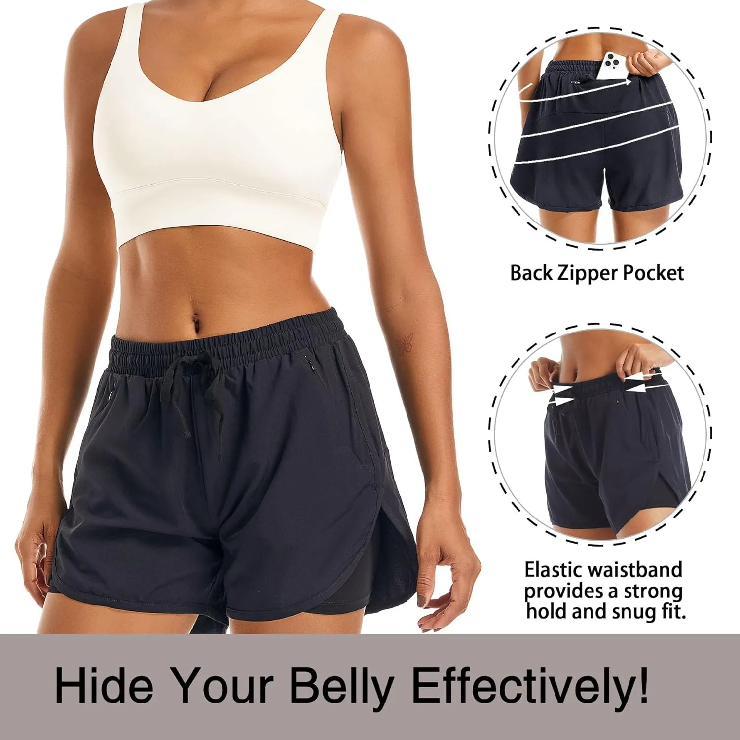 Women's 2 in 1 Athletic Running Shorts High Waisted Workout Casual Gym Sweat Shorts Mesh Comfy Liner Zipper Pockets