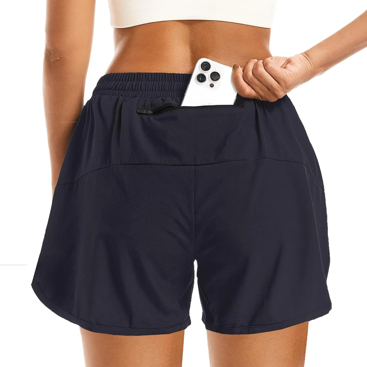 Women's 2 in 1 Athletic Running Shorts High Waisted Workout Casual Gym Sweat Shorts Mesh Comfy Liner Zipper Pockets