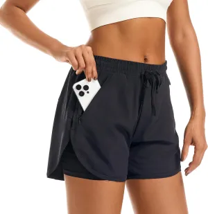 Women's 2 in 1 Athletic Running Shorts High Waisted Workout Casual Gym Sweat Shorts Mesh Comfy Liner Zipper Pockets