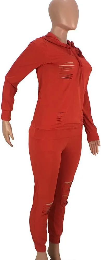 Women's 2 Piece Ripped Tracksuit Set Hoodie Sweatshirt Top Pants Jogging Suit