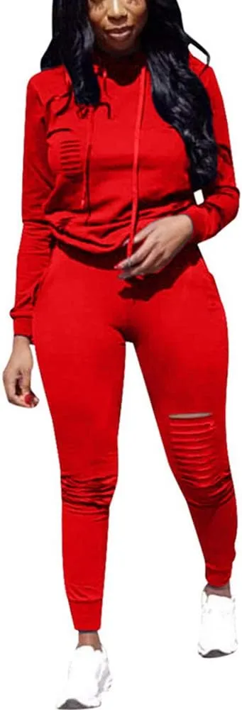 Women's 2 Piece Ripped Tracksuit Set Hoodie Sweatshirt Top Pants Jogging Suit