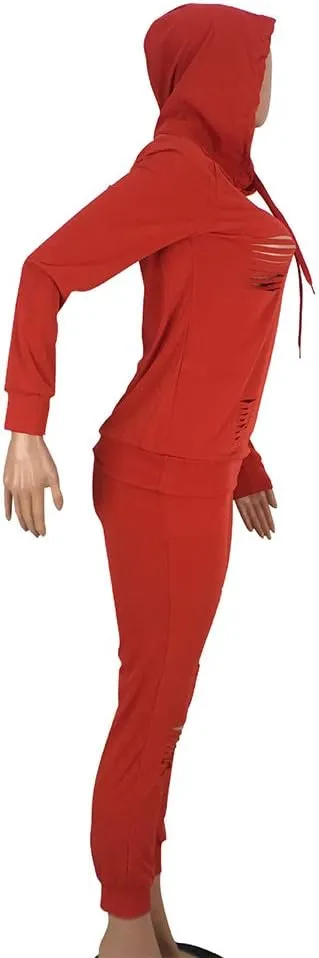 Women's 2 Piece Ripped Tracksuit Set Hoodie Sweatshirt Top Pants Jogging Suit