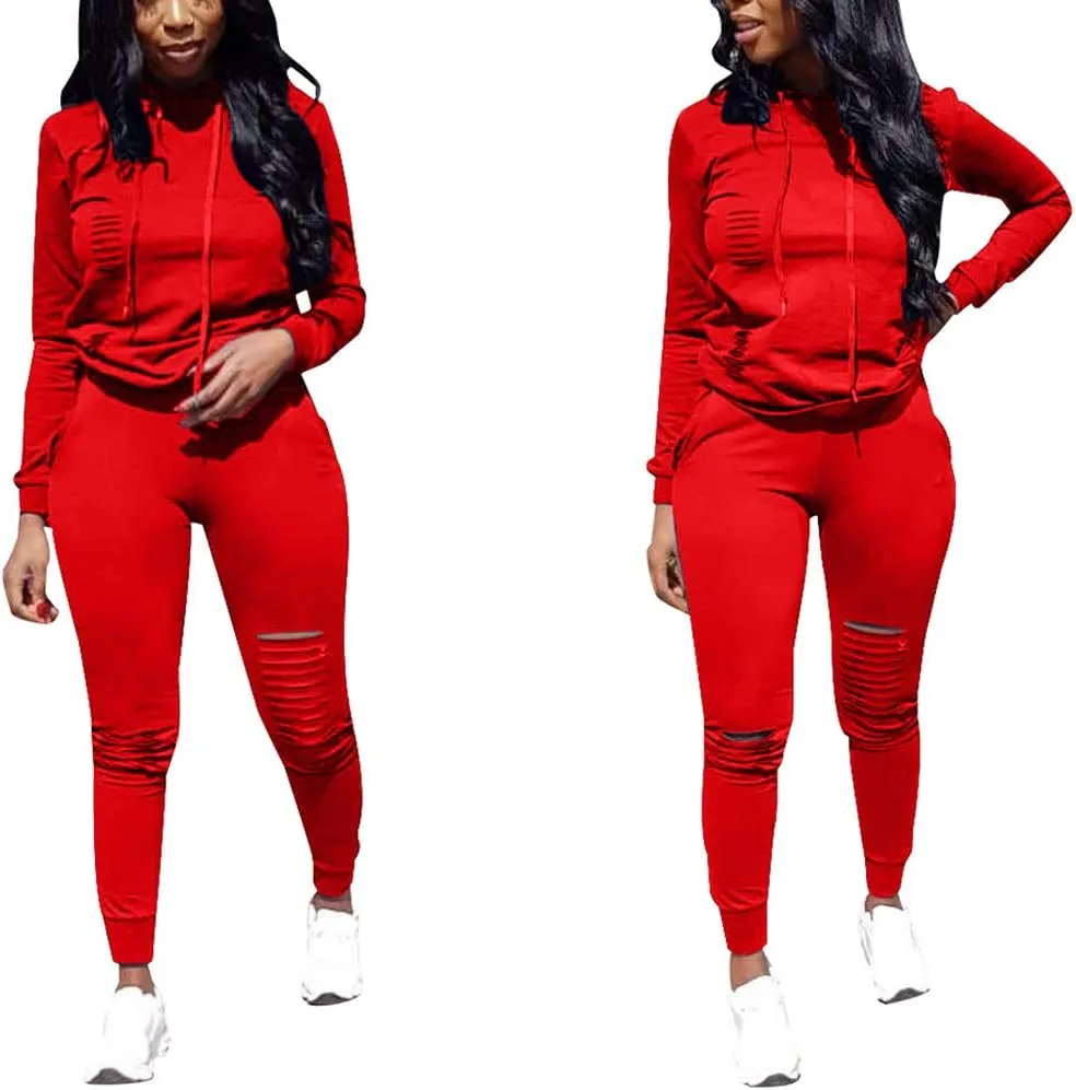 Women's 2 Piece Ripped Tracksuit Set Hoodie Sweatshirt Top Pants Jogging Suit