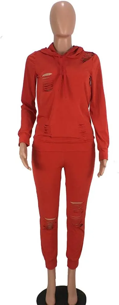 Women's 2 Piece Ripped Tracksuit Set Hoodie Sweatshirt Top Pants Jogging Suit