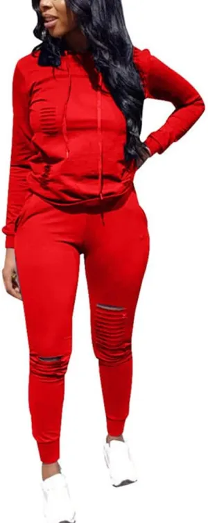 Women's 2 Piece Ripped Tracksuit Set Hoodie Sweatshirt Top Pants Jogging Suit