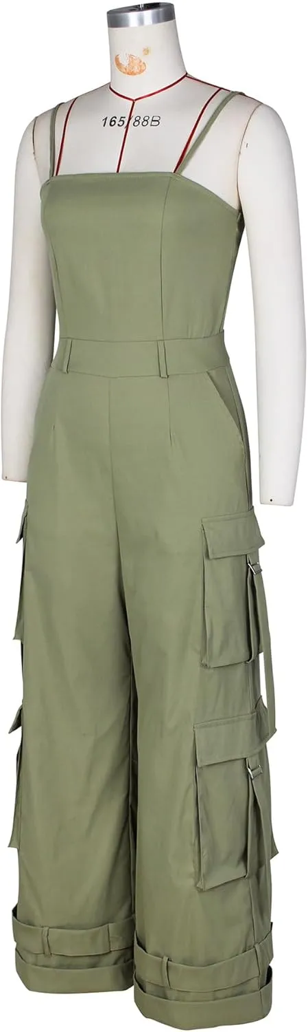 Womens Cargo Jumpsuit Sexy One Piece Outfit Wide Leg Romper Multi Pockets Overalls