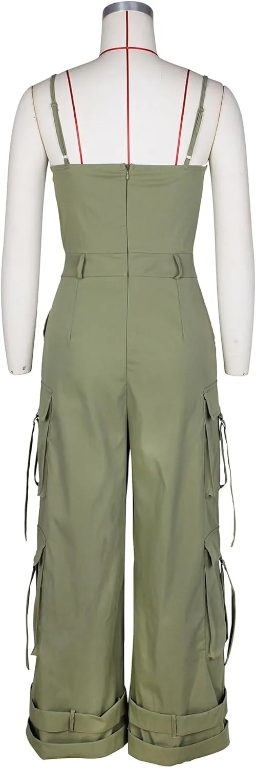 Womens Cargo Jumpsuit Sexy One Piece Outfit Wide Leg Romper Multi Pockets Overalls