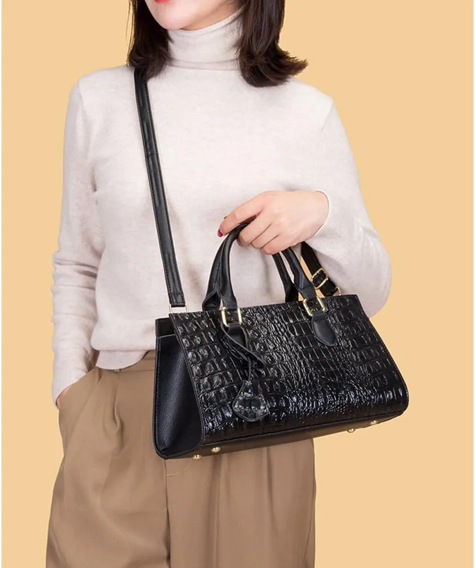 Women’s Crocodile Pattern Leather Satchel Purse - Medium Tote Crossbody Handbag with Clutch Set