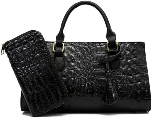 Women’s Crocodile Pattern Leather Satchel Purse - Medium Tote Crossbody Handbag with Clutch Set