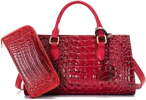 Women’s Crocodile Pattern Leather Satchel Purse - Medium Tote Crossbody Handbag with Clutch Set