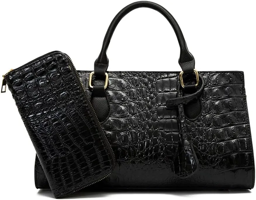 Women’s Crocodile Pattern Leather Satchel Purse - Medium Tote Crossbody Handbag with Clutch Set