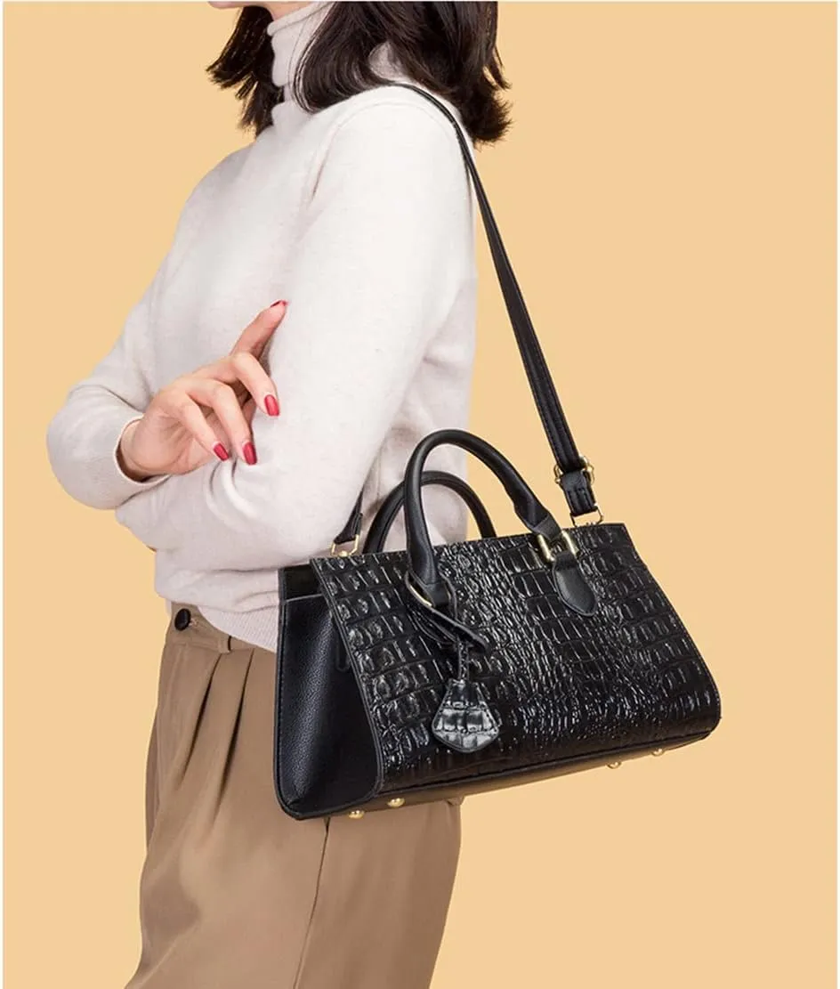 Women’s Crocodile Pattern Leather Satchel Purse - Medium Tote Crossbody Handbag with Clutch Set