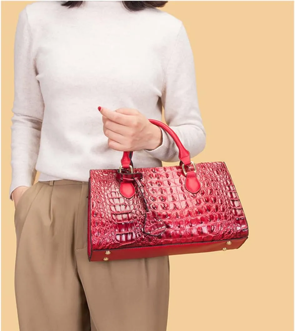 Women’s Crocodile Pattern Leather Satchel Purse - Medium Tote Crossbody Handbag with Clutch Set