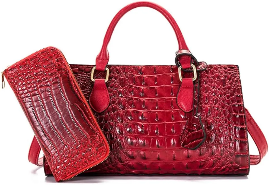 Women’s Crocodile Pattern Leather Satchel Purse - Medium Tote Crossbody Handbag with Clutch Set